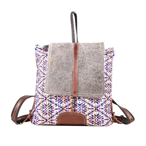 Myra Bag Handmade Vibrant Backpack Upcycled Canvas & Cowhide Leather - Picture 3 of 8